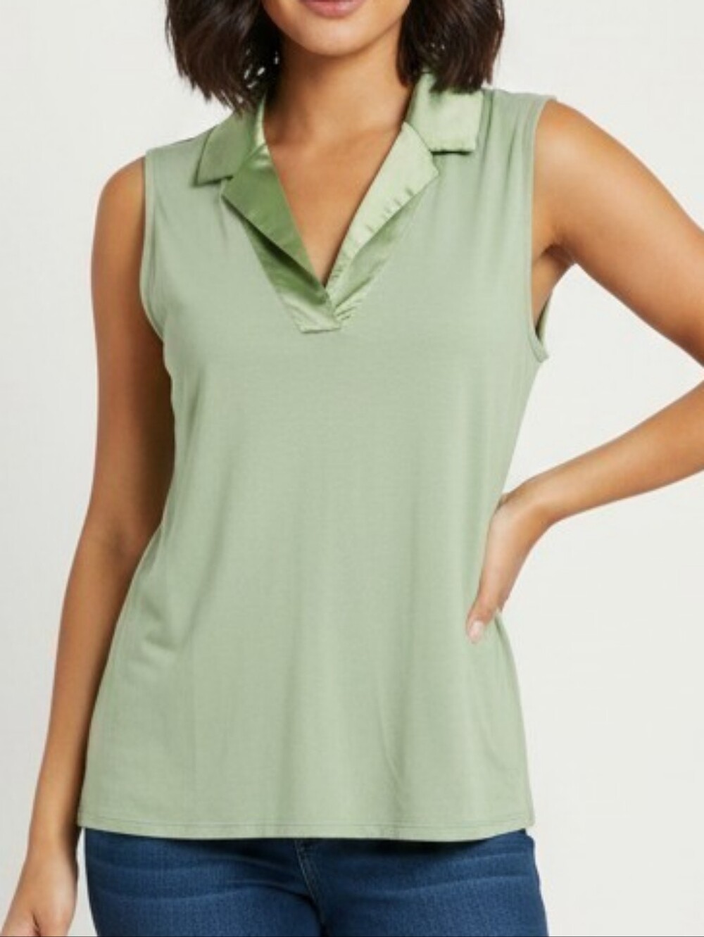 Halogen Green Satin-Trim Sleeveless V-Neck Tank
